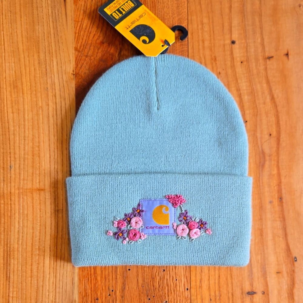 Carhartt Beanie Sage Green Embroidered With Flowers New With Tags
